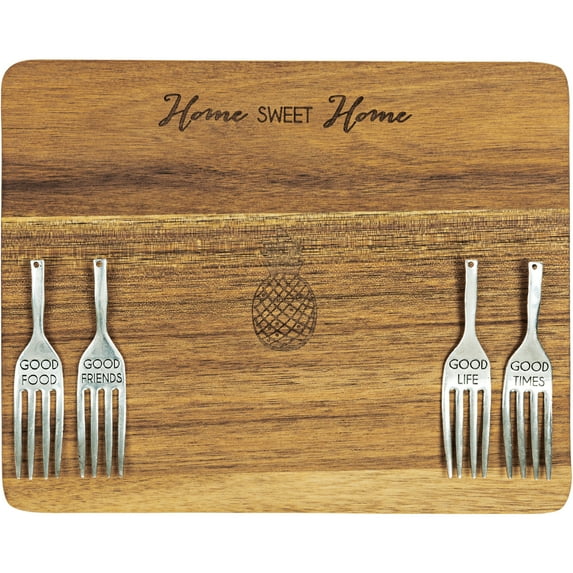 Pavilion Gift Company Sweet Home Pineapple 7 x 9 Inch Cutting Cheese Board, Set Of 4 Forks With Debossed Text, 9", Brown