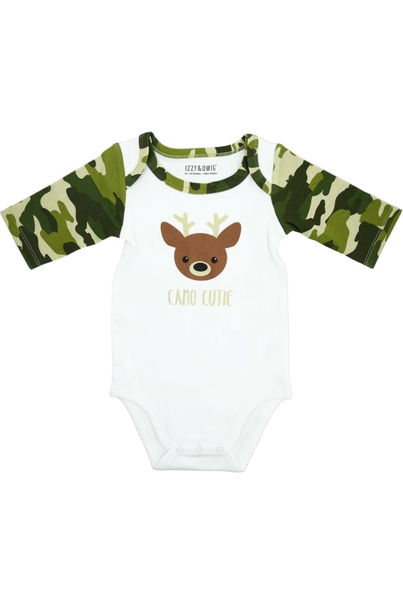 Pavilion - Green Camo Deer Reindeer Christmas Holiday Baby Unisex Boy Girl Country Hunting Onesie Bodysuit 3/4 Sleeve Longsleeve 12-24 Months