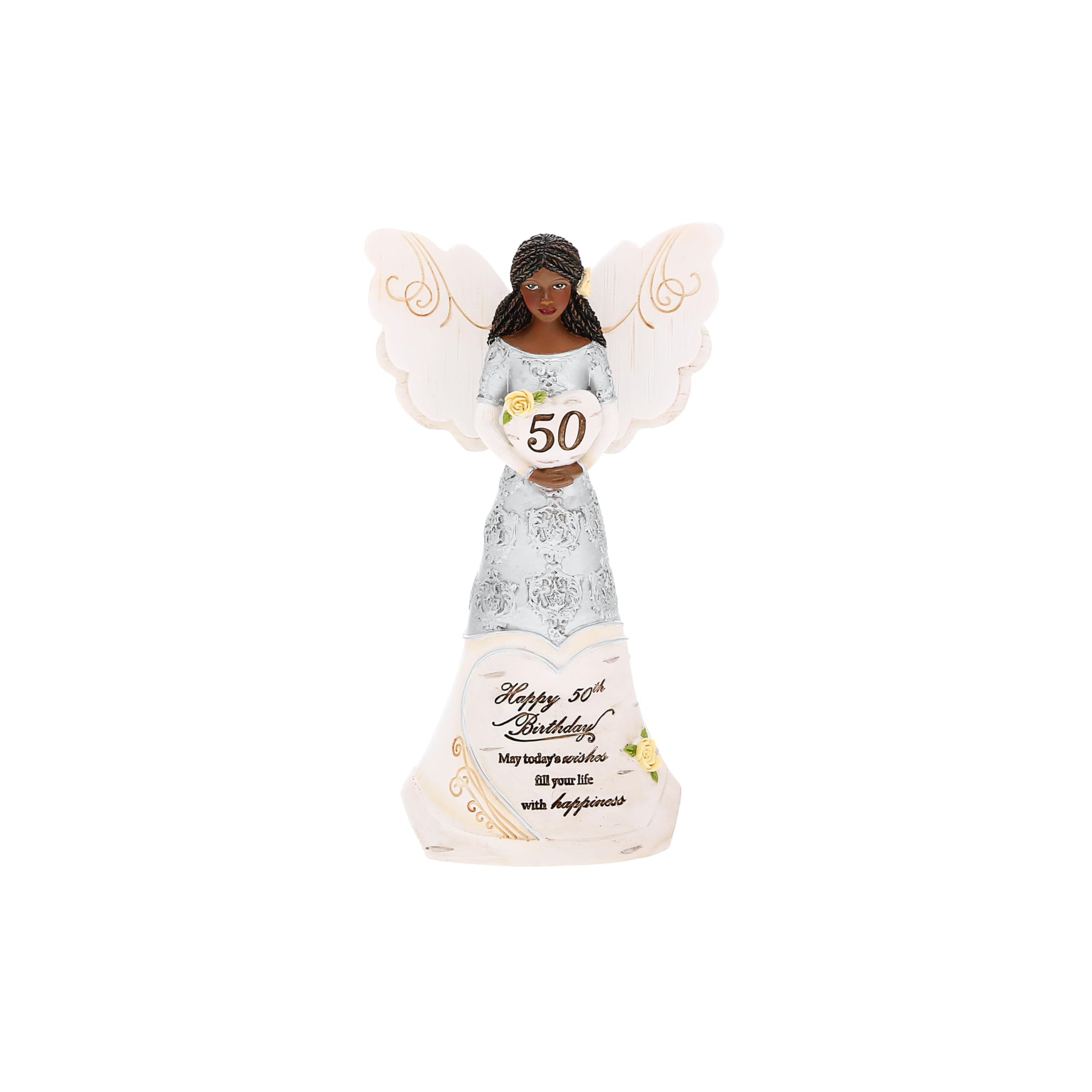 6" Ebony African American Angel Figurine with Silver and Cream Details