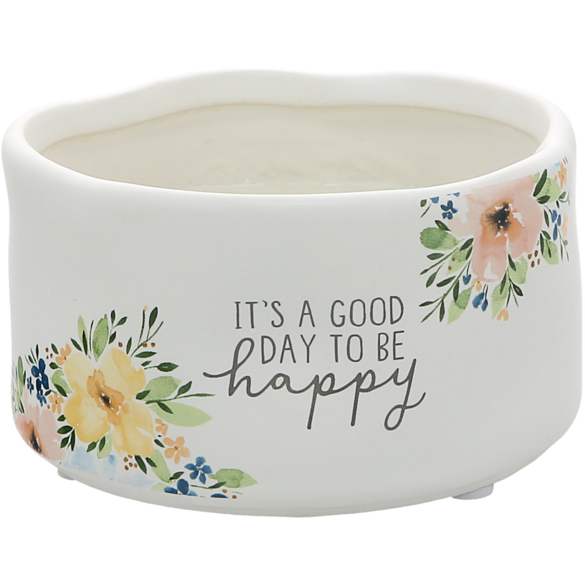 White Stoneware Jasmine Scented Soy Wax Candle with Floral Design