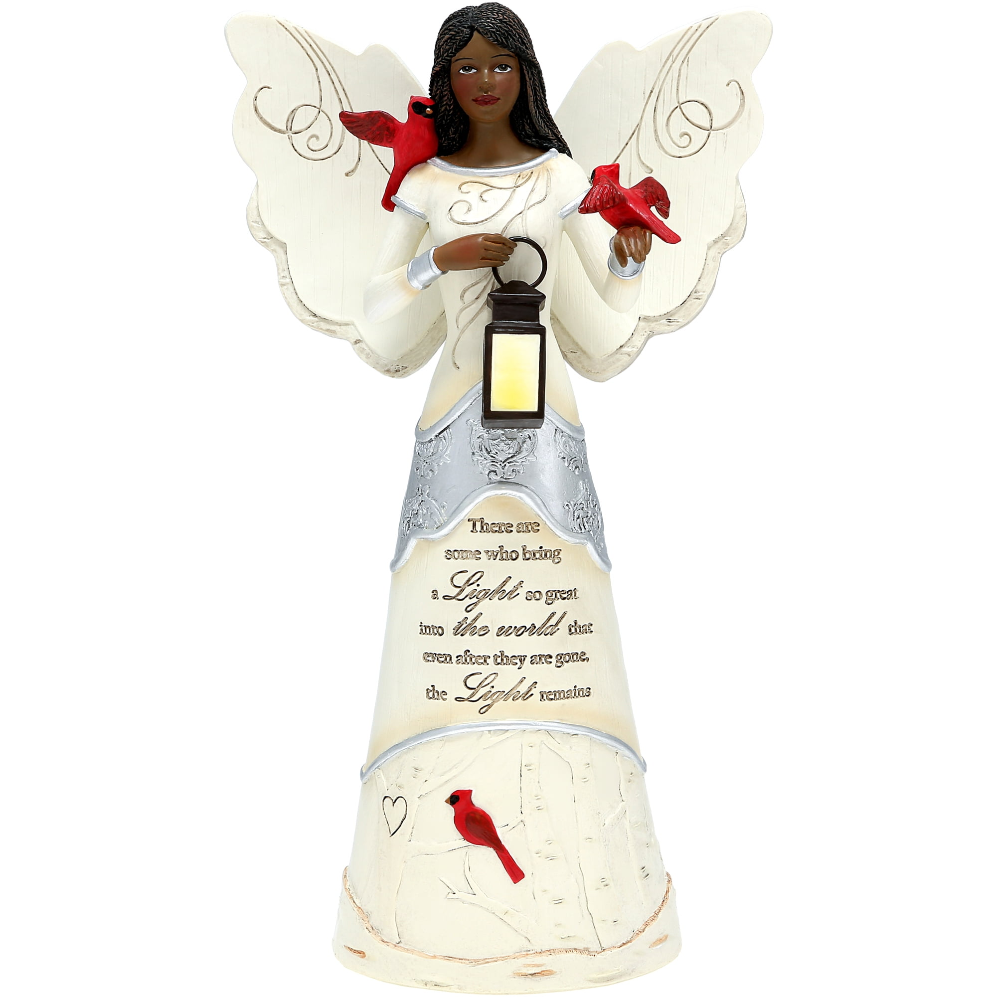 Ebony Angel Figurine with Lantern and Cardinals, 9" Resin Memorial Statue