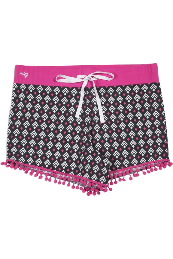 Pavilion - Medium Pink and Black Boss Girl Patterned Drawstring Pom Pom Pajama Lounge Shorts