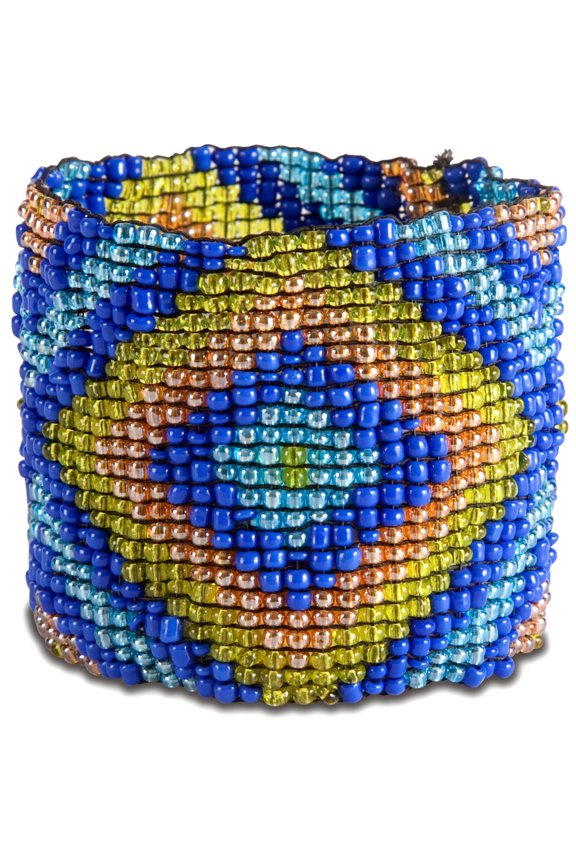 Pavilion- One Size Fits All Tribal Beaded Green, Orange & Ice/Dark Blue Elastic Bracelet