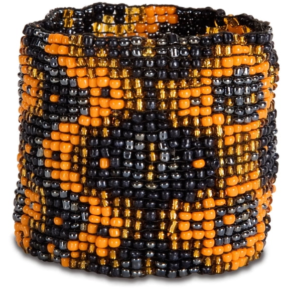 Pavilion- One Size Fits All Tribal Beaded Orange, Navy & Gold Elastic Bracelet