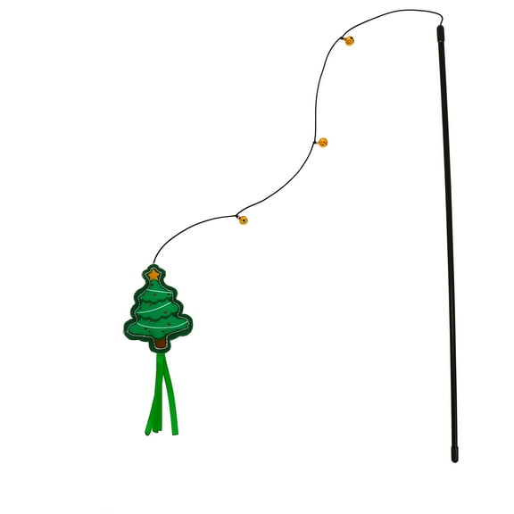 Pavilion - Pine Tree - 18" String Cat Toy With 18" Stick Handle With Ribbons And Bells Kitten Kitty Feline Furry Companion Christmas Holiday Gift Present