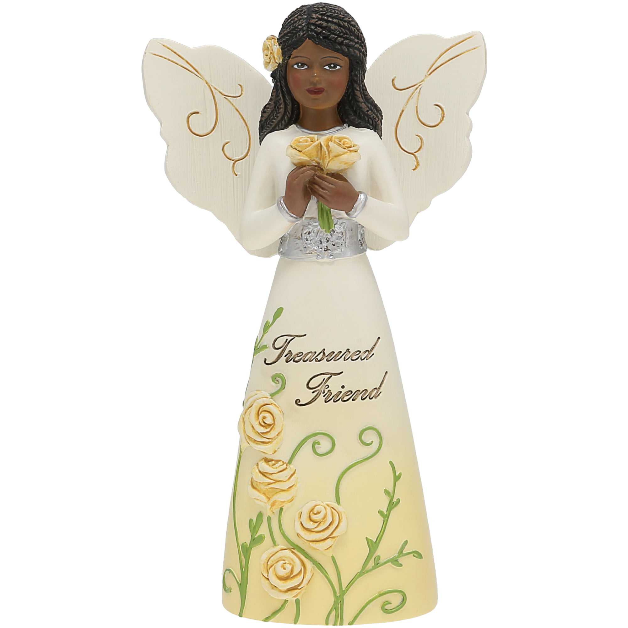 5" Ebony African American Angel Figurine with Floral Dress