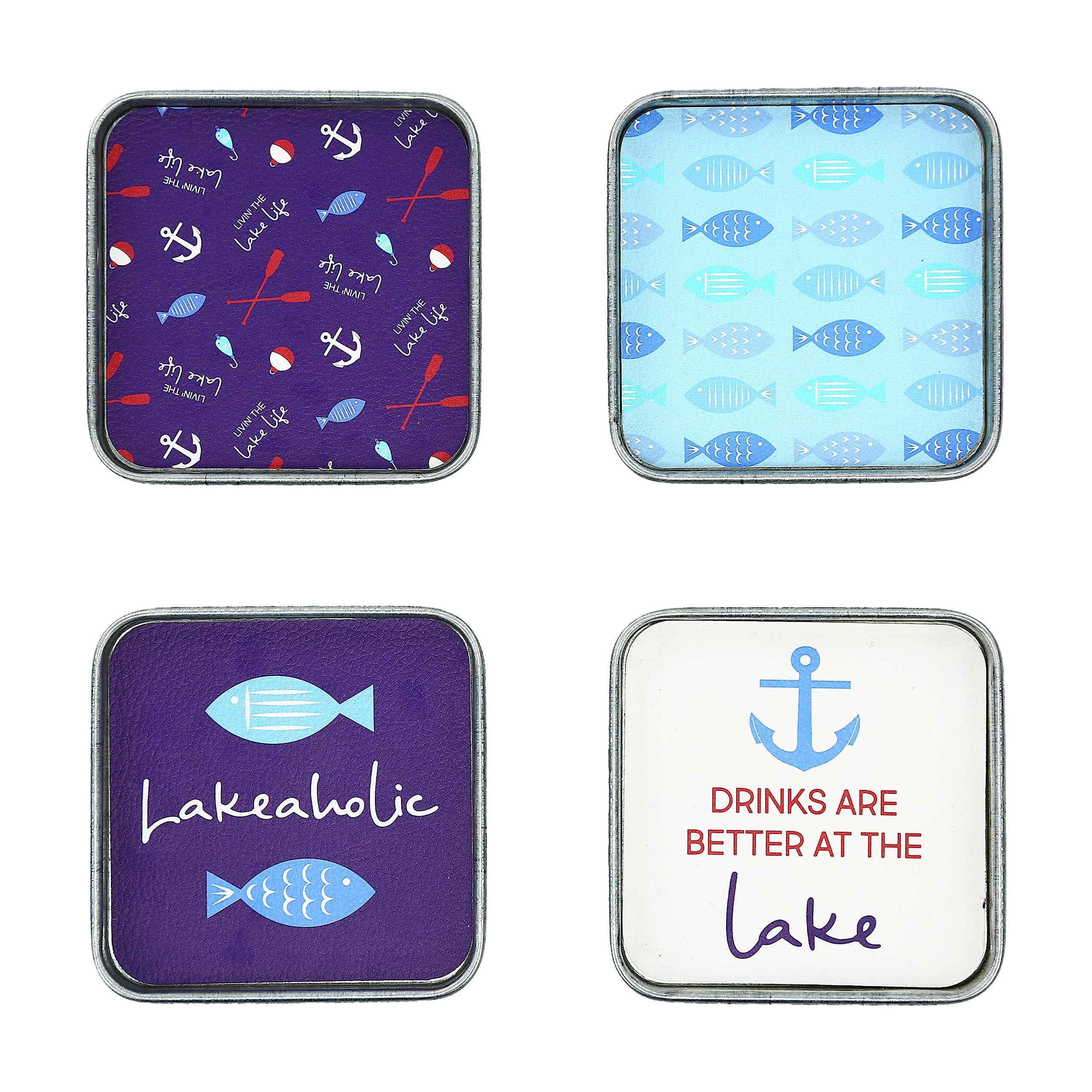 Lake-Themed Multicolor Wood Coaster Set with Holder