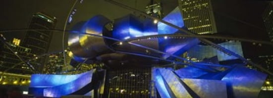Pavilion in a park lit up at night Pritzker Pavilion Millennium Park Chicago Illinois USA Canvas Art - Panoramic Images (36 x 13)
