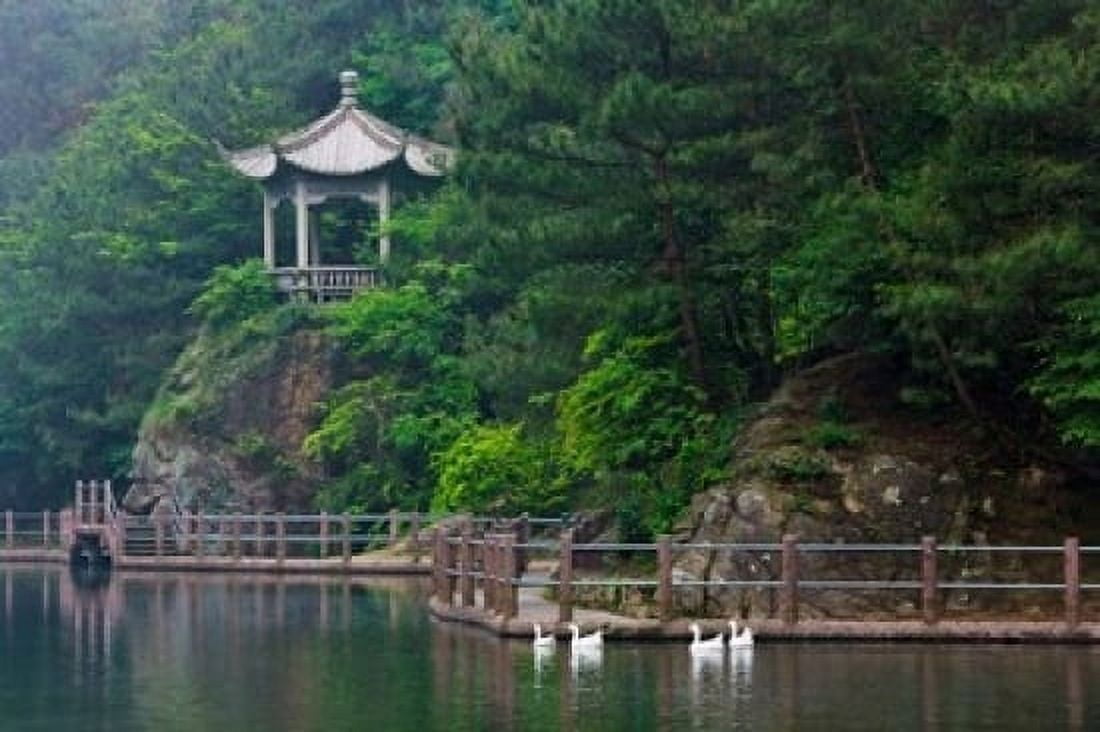 Pavilion with lake in the mountain Tiantai Mountain Zhejiang Province China Canvas Art - Keren Su DanitaDelimont (19 x 12)