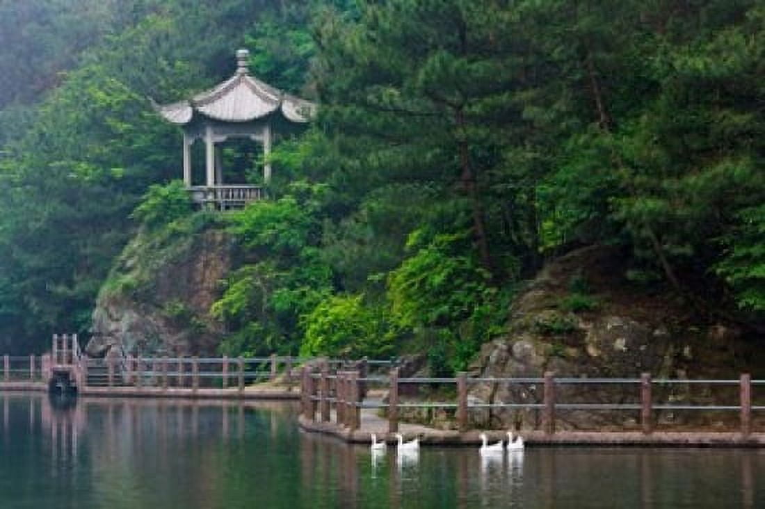 Pavilion with lake in the mountain Tiantai Mountain Zhejiang Province China Canvas Art - Keren Su DanitaDelimont (38 x 25)