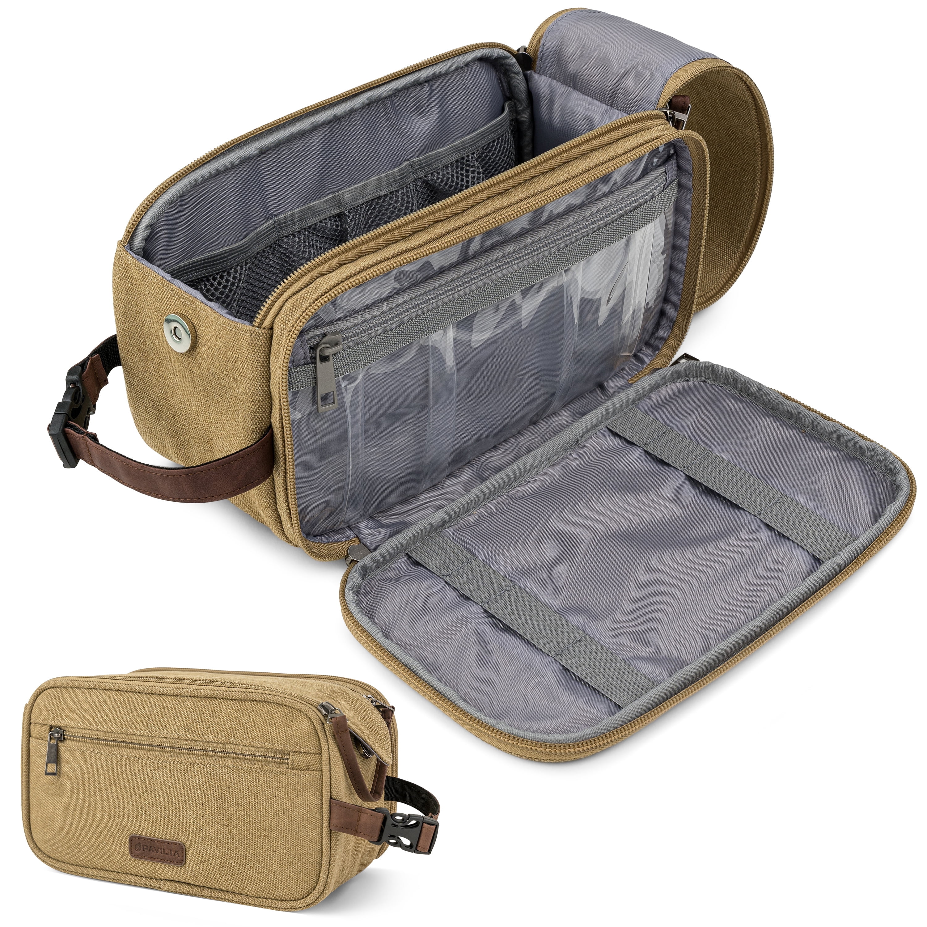 Pavilla Toiletry Bag, Mens Dopp Kit Bag, Canvas Travel Toiletry Bag, Water Resistant Shaving Bathroom Organizer for Travel, Gym, Shower Toiletries Storage for Grooming Accessories (Large, Khaki)