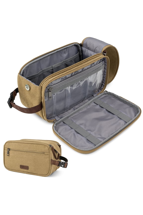 Pavilla Toiletry Bag, Mens Dopp Kit Bag, Canvas Travel Toiletry Bag, Water Resistant Shaving Bathroom Organizer for Travel, Gym, Shower Toiletries Storage for Grooming Accessories (Large, Khaki)