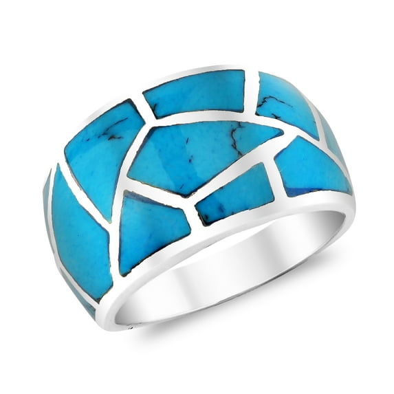 Paving Pavement Pattern Blue Turquoise Inlay Sterling Silver Ring-8