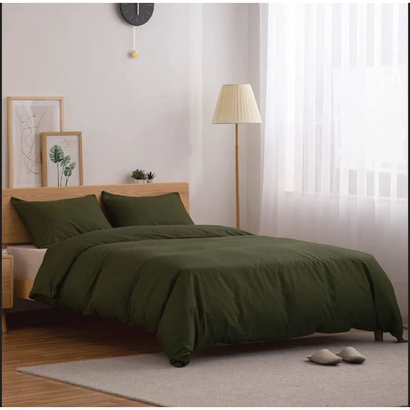 Pavish Export 100% Washed Cotton Duvet Cover Set Breathable Soft Over Size 98X120" Olive Green Duvet Cover 2 Pieces Solid Color Bedding Set with Buttons Closure Comforter Cover Set