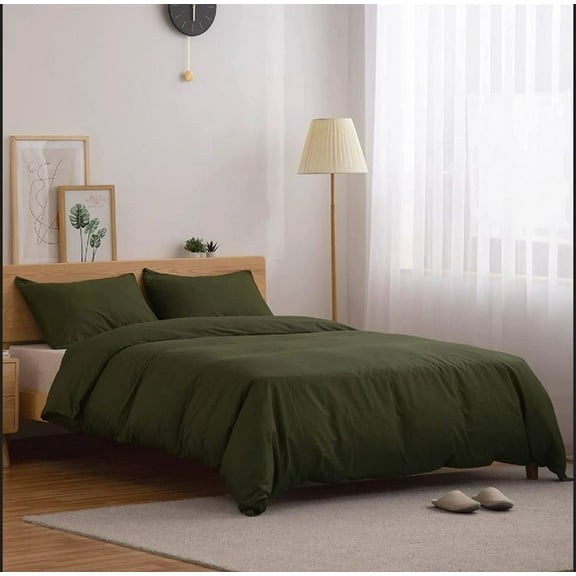 Pavish Export 100% Washed Cotton Duvet Cover Set Breathable Soft Twin Olive Green Duvet Cover 2 Pieces Solid Color Bedding Set with Buttons Closure Comforter Cover Set