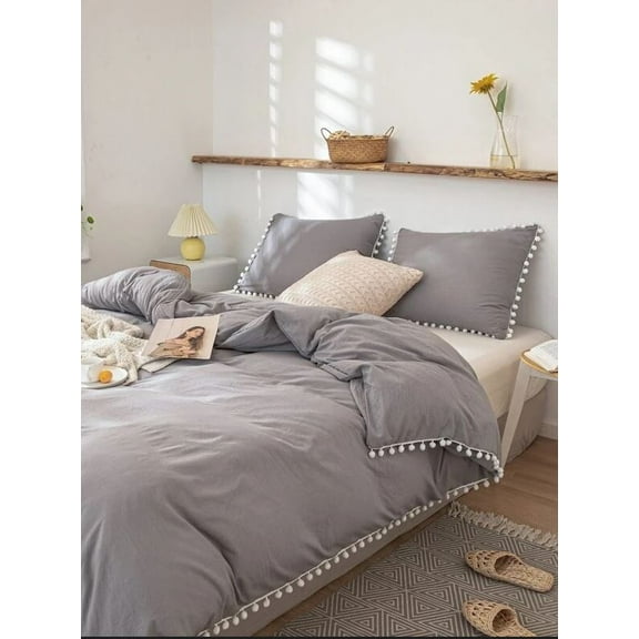 Pavish Export Cotton Duvet Cover In Gary And White Pom Pom Comforter Duvet Cover Set 2 Pillow Case Boho Bedding Set Breathable Grey Quilt Cover Twin