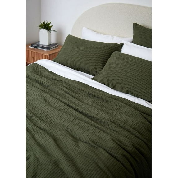 Pavish Export Cotton Waffle Duvet Cover In Dark Olive Green Cotton Waffle Weave Bedding Set with 2 Pillow Shams Comforter and Quilt Duvet Cover Set Queen