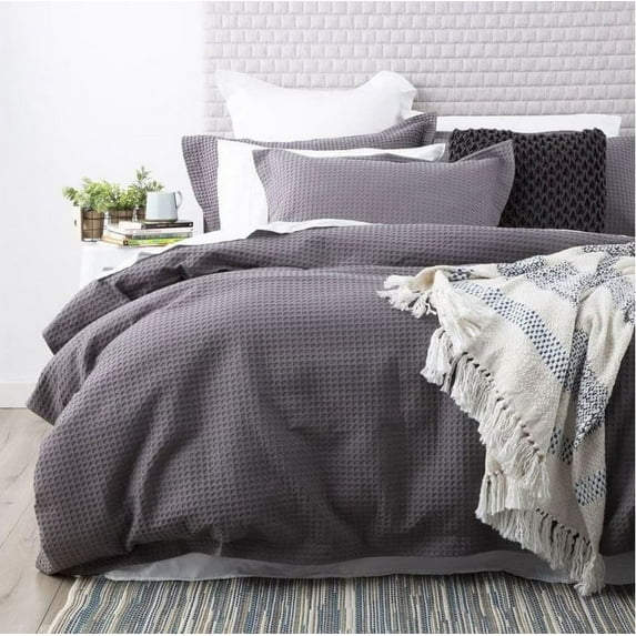 Pavish Export Cotton Waffle Duvet Cover In Gray Cotton Waffle Weave Bedding Set with 2 Pillow Shams Comforter and Quilt Duvet Cover Set Queen