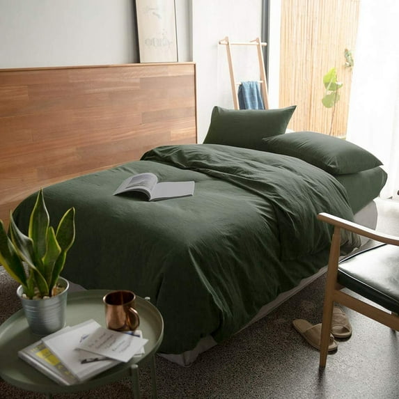 Pavish Export Duvet Cover Set 100% Washed Cotton Linen Feel Comfortable Lightweight 3 Pcs Forest Green Cal.King