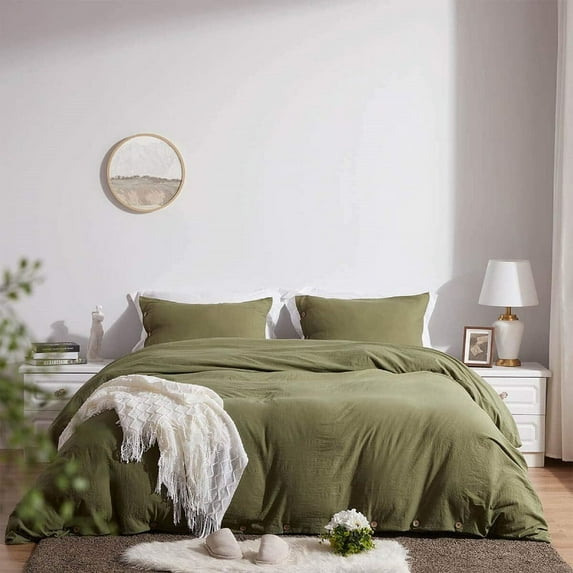 Pavish Export Duvet Cover Set 100% Washed Cotton Linen Feel Comfortable Lightweight 3 Pcs Olive Green Twin Full