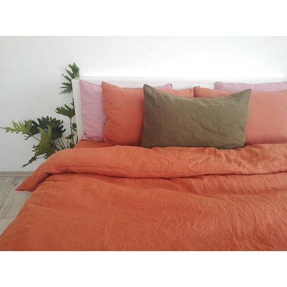Pavish Export Linen Duvet Cover Set In Rust Soft Bedding Quilt Cover And 2 Matching Pillow Cocount Button 120X120