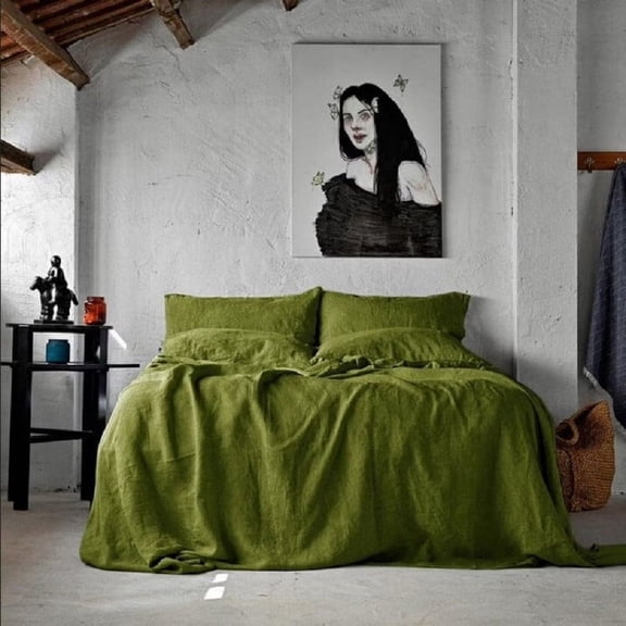 Pavish Export Moss Green Linen Duvet Cover With 2 Matching Pillow Sham Washed Soft Bedding Quilt Cover Set And Button Cal.King