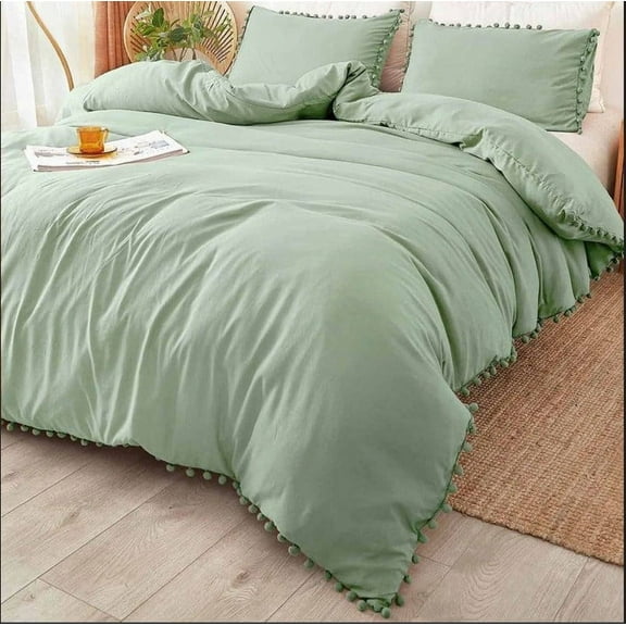 Pavish Export Sage Green with White Pom Pom Quilt cover, Bedding Cover, Boho Duvet Cover, Tassels Comforter Cover, Green Cotton duvet, Sage Green Bedding Twin