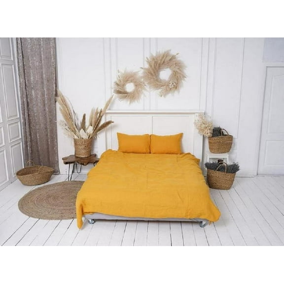 Pavish Export Yellow Mustard Washed Linen Duvet Cover, Linen bedding Twin /Full/ King/ Queen Comforter Cover Linen Softened Dorm duvet cover 120X120