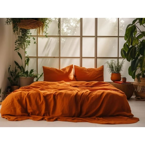 PavishExport Linen Duvet Cover In Burnt Orange Stonewashed Quilt Donna Cover Set 2 Matching Pillow Sham Button .Sup king