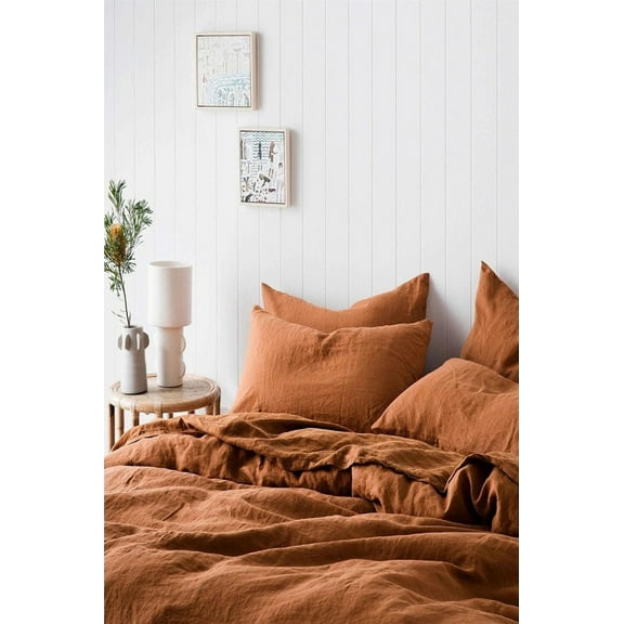 PavishExport Linne Duvet Cover In Rust Orange Stonewashed Linen Bedding Donna Quilt Cover Set 2 Pillow Case king