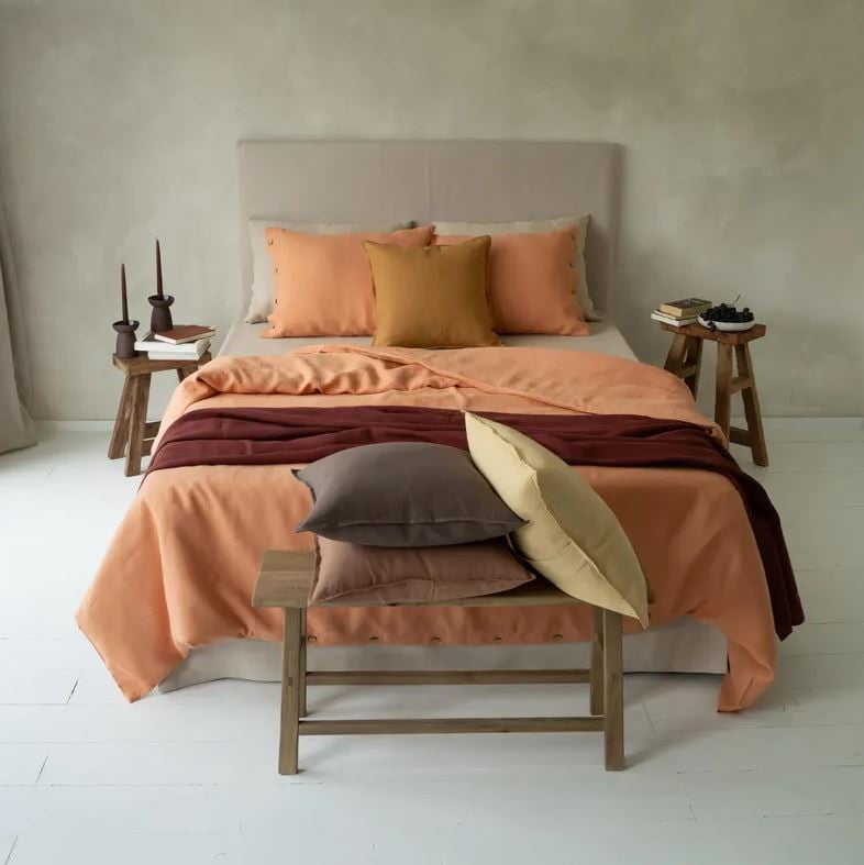 PavishExport Peach Color Linen Duvet Cover Set With 2 Matching Pillow ...