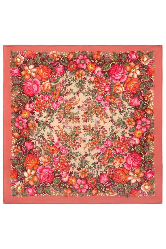 Pavlovo Posad Cherished Dream Wool Shawl 28.3x28.3'' (72x72 cm) 100% Wool Wrap Fashion Shawl for Women Floral Merino Wool Scarf, Coral and Pink 192274