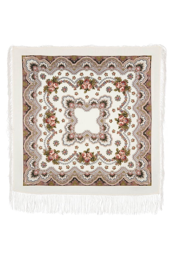 Pavlovo Posad Crane Wool Shawl 50x50'' (125x125 cm) 100% Wool Wrap with Silk Fringe Fashion Shawl for Women Floral Merino Wool Scarf in ream