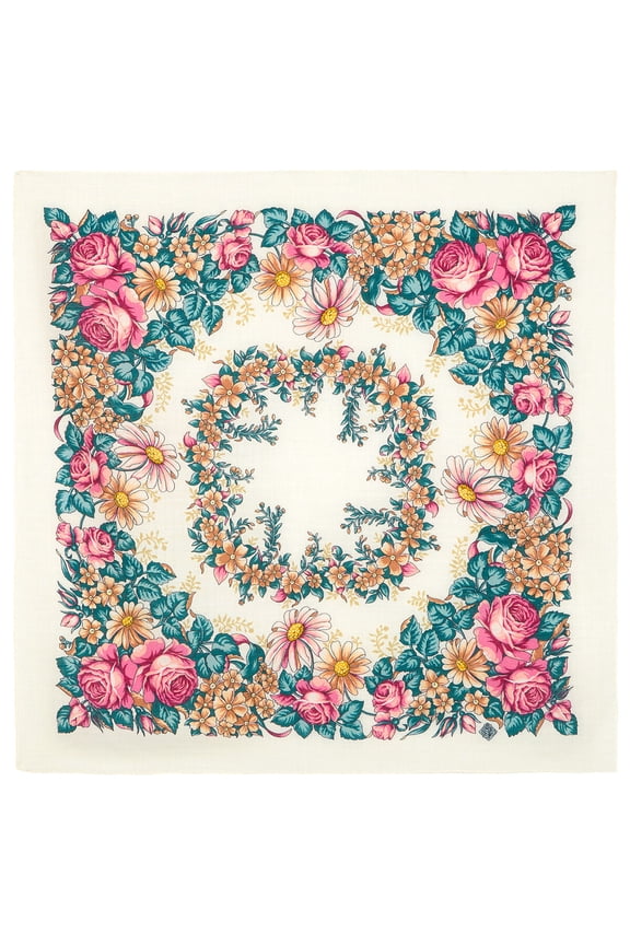 Pavlovo Posad Fairy Dance Wool Shawl 28.3x28.3'' (72x72 cm) 100% Wool Wrap Fashion Shawl for Women Floral Wool Scarf, Pink and Yellow 238879