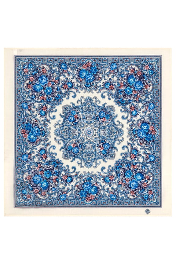 Pavlovo Posad Spring Days Wool Shawl 28.3x28.3'' (72x72 cm) 100% Wool Wrap Fashion Shawl for Women Floral Merino Wool Scarf, Blue and White