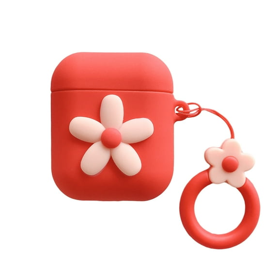 Pavo Wireless Earphone Protective Cover Lovely Flower PVC Case with Ring Pendant Compatible for airpods (Red)