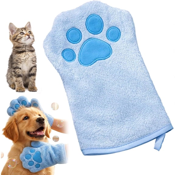 Paw Bathing Towel for Cats Puppy Machine-Washable Reusable Pet Grooming Towel Soft Absorbent Quick-Dry Bath Mitt for Dirt Odor Removal Daily Care & Travel,Blue