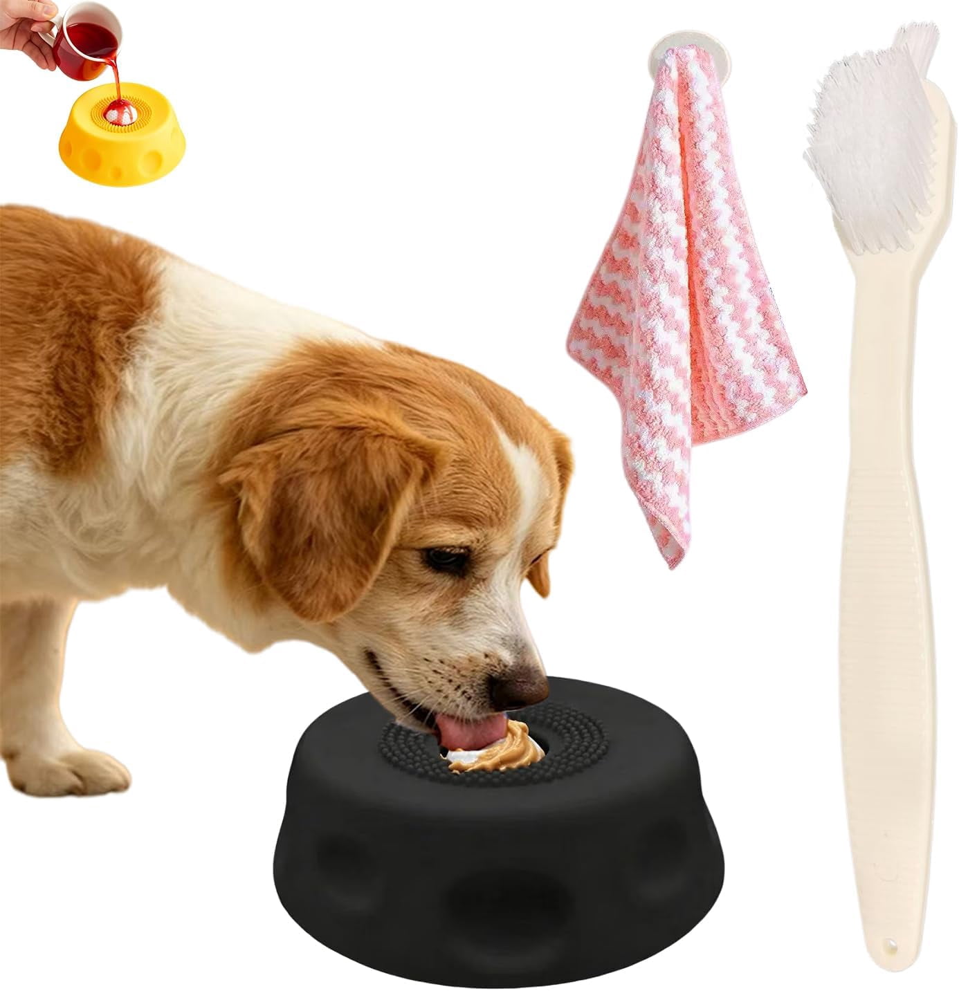 Paw Calm Lick Bowl for Liquid Treats, Dog Licking Bowl with Rolling Ball,Slow Feeder Dog Bowl Interactive Non-Slip Dog Licking Toy Bowl Boredom & Anxiety Relief, Cleaning Brush&Cloth Set(Black)