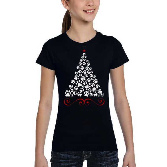 Paw Christmas Tree - Girl's Word Art T-Shirt