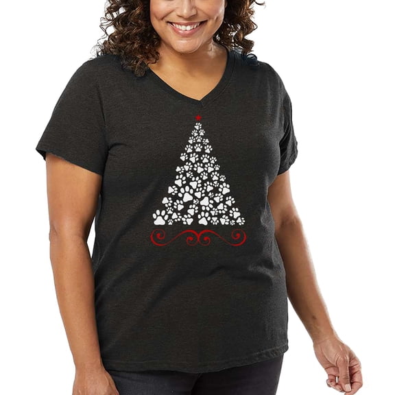 Paw Christmas Tree - Women's Plus Size Word Art V-Neck