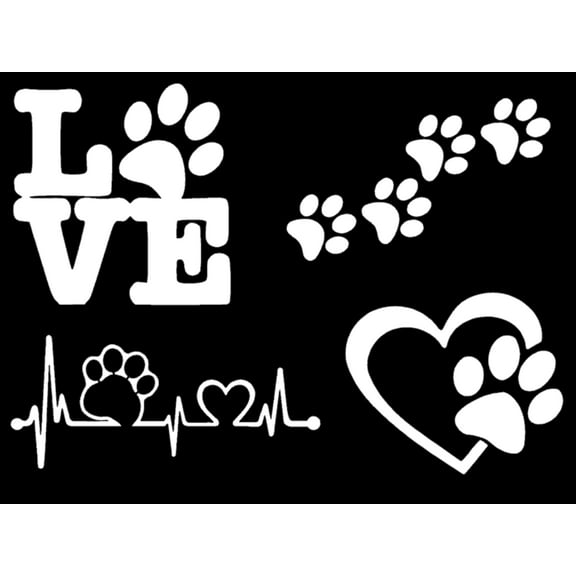 Paw Decals 4 Pack: Dog Paws, Love with a Paw, Paw Heartbeat, Paw Prints