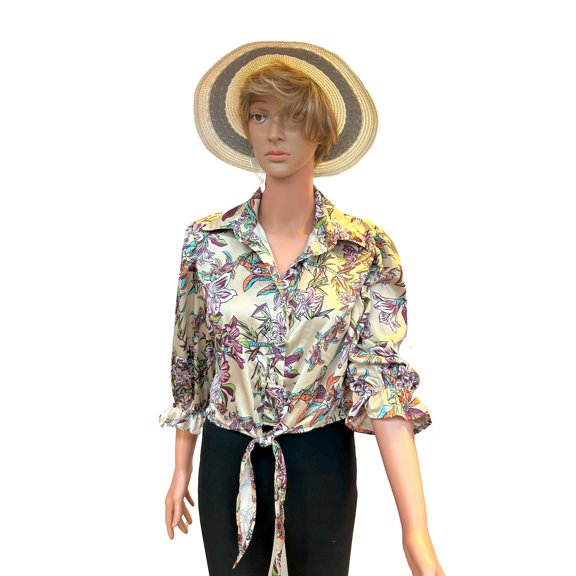 Paw Drazzel Boutique Women's Casualwear, Full Shoulder, Long Sleeve, V Neck, Front Tie Satin Blouse