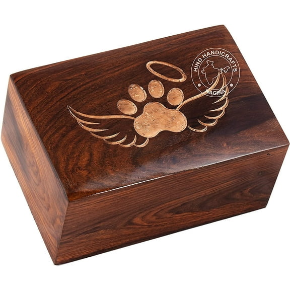 Paw Engraved Rosewood Pet Urn for Dogs Cats Memorial Keepsake Urns for Ashes, Photo Wooden Box Cremation Urn (45 Cubic in, Angel Wing - White)