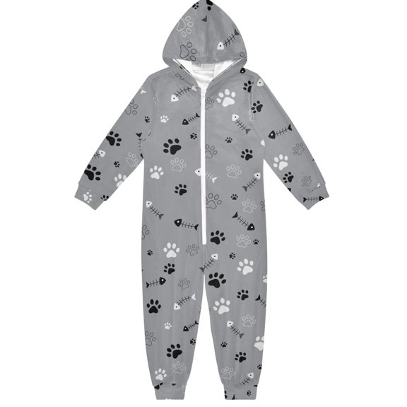 Paw Fish Bones Boys & Girls Hooded One-Piece Pajamas Warm Crystal velvet Hooded Long Sleeve Loungewear Jumpsuit Unisex