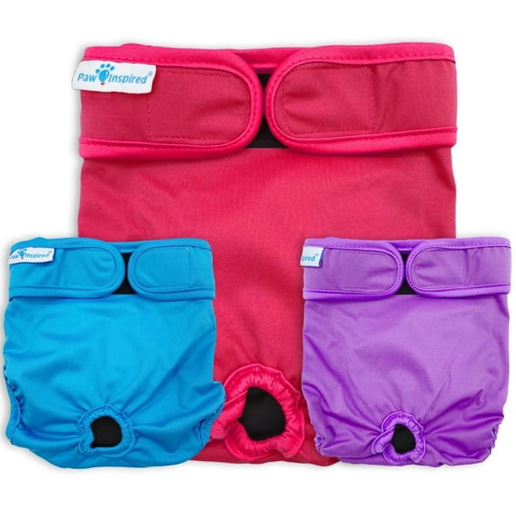 Paw Inspired 3ct Washable Reusable Dog Diapers for Female Doggie, Puppy, Cat, Cloth Diapers for Dogs in Heat, Pet Diapers, Incontinence Diapers that Stay On (Assorted (Black Lining), Medium)