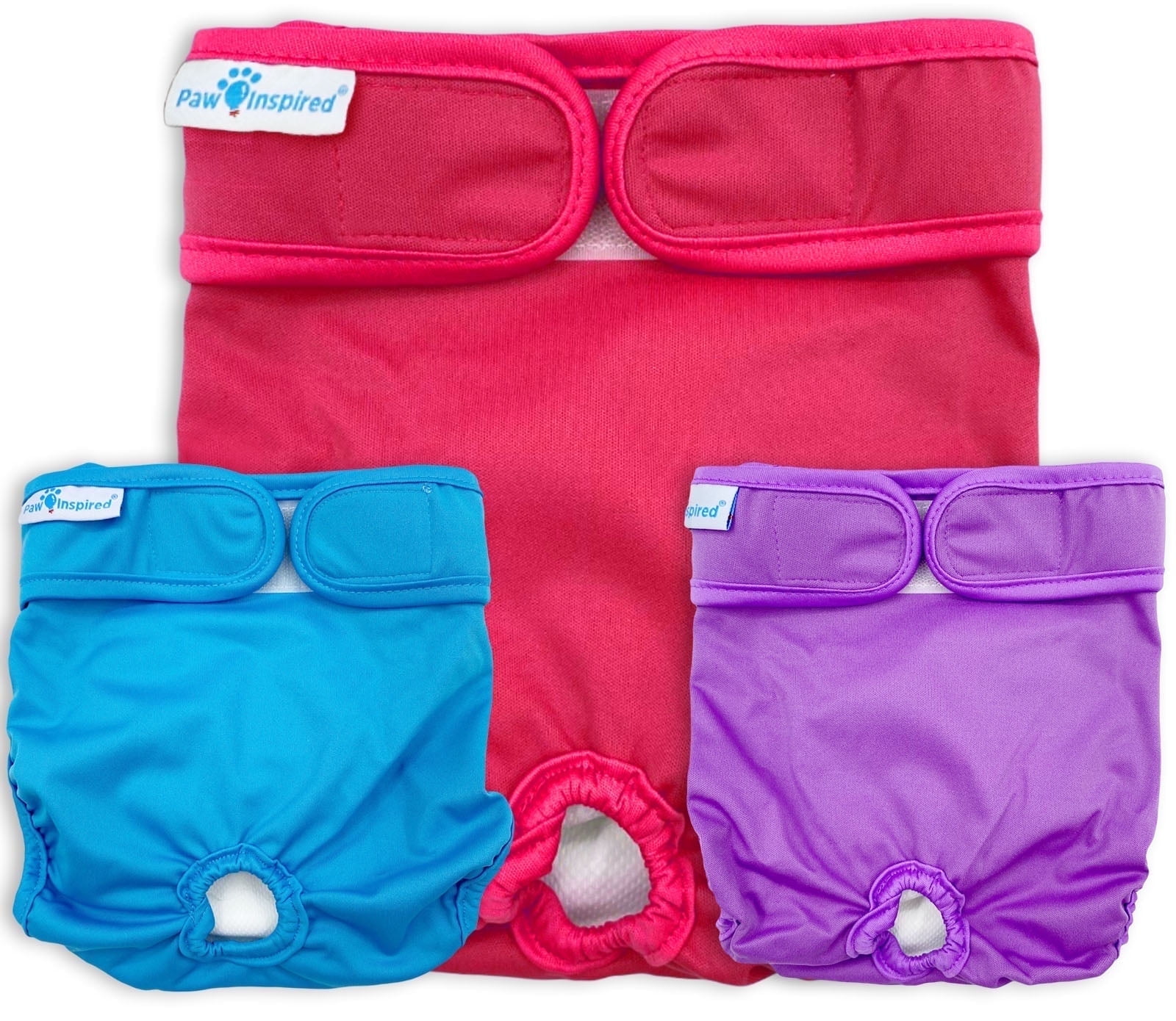Paw Inspired 3ct Washable Reusable Dog Diapers for Female Doggie, Puppy, Cat | Cloth Diapers for Dogs in Heat, Pet Diapers | Incontinence Diapers that Stay On (Assorted (White Lining), Small))