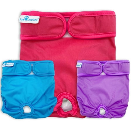 Paw Inspired 3ct Washable Reusable Dog Diapers for Female Doggie, Puppy, Cat | Cloth Diapers for Dogs in Heat, Pet Diapers | Incontinence Diapers that Stay On (Assorted (White Lining), Small))