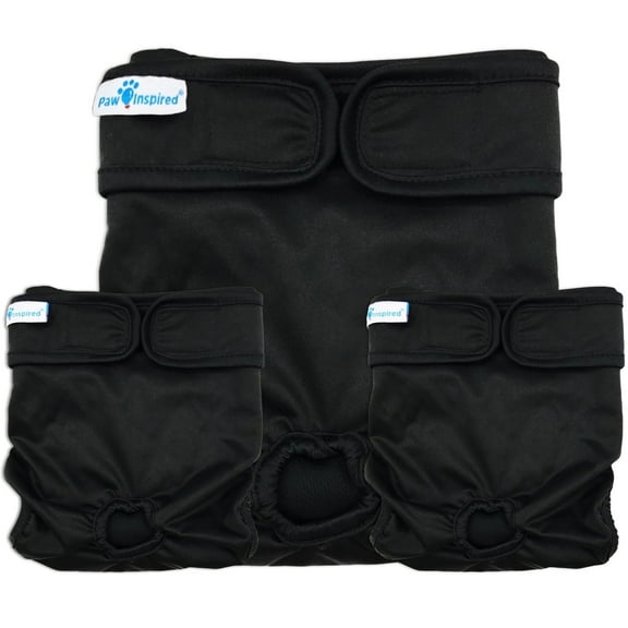 Paw Inspired 3ct Washable Reusable Dog Diapers for Female Doggie, Puppy, Cat | Cloth Diapers for Dogs in Heat, Pet Diapers | Incontinence Diapers that Stay On (Black (Black Lining), Medium)