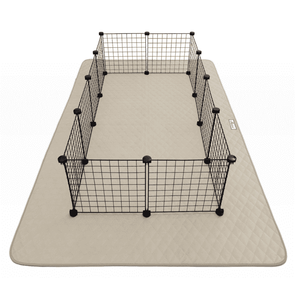 Paw Inspired 80x50 Waterproof Dog Playpen Mat, Pet Kennel Play Pen Pad for Puppy, Rabbit, Guinea Pig, Small Animals | Super Absorbent Fleece Cage Liner with Non-Slip Bottom (Tan)