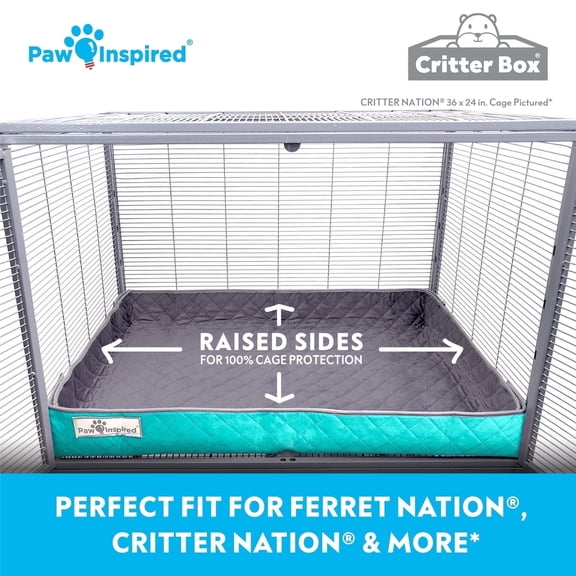 Paw Inspired Raised Side Cage Liner for MidWest Ferret Nation, Reversible Washable Bedding Bottom for Ferrets, Chinchilla and Small Animals (Gray/Green)